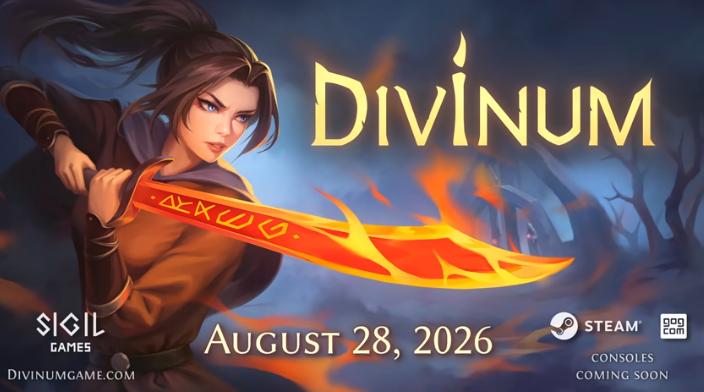 Divinum game key art featuring Fjør with flaming sword